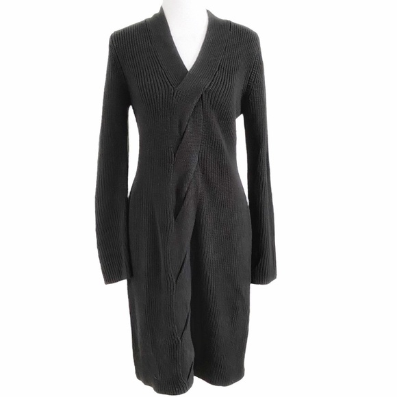 CALVIN KLEIN BLACK V-NECK FRONT CABLE KNITTED LONG SLEEVE MIDI DRESS - M - Picture 1 of 9